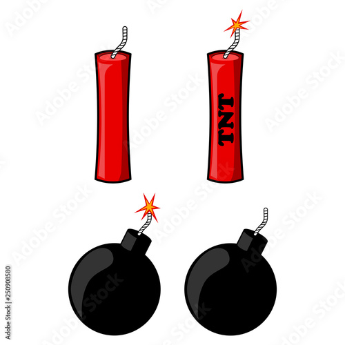 Round bomb and dynamite with fire isolated on white background. Explosion. Danger weapon. Vector cartoon design