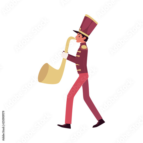 Parade and marching band participant, a red faced saxophone player plays a saxophone or trumpet.