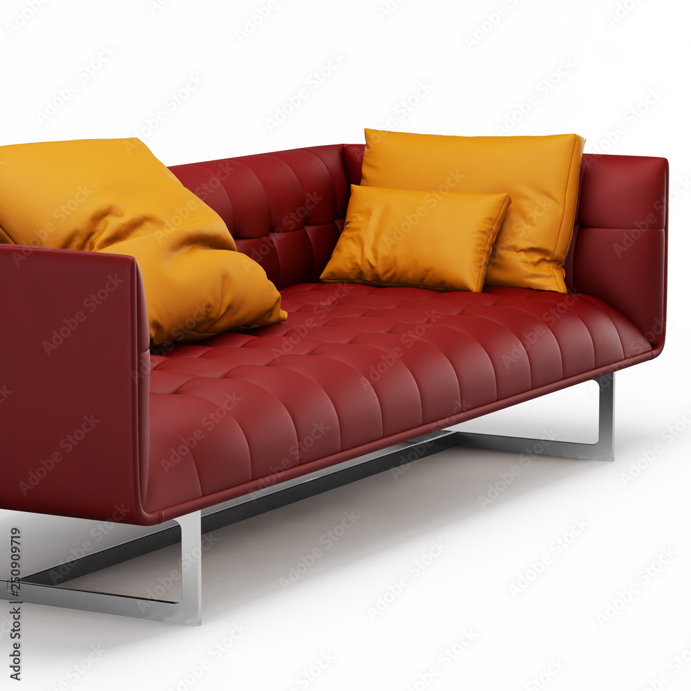Fototapeta premium Red leather sofa with orange pillows on a white background 3d rendering