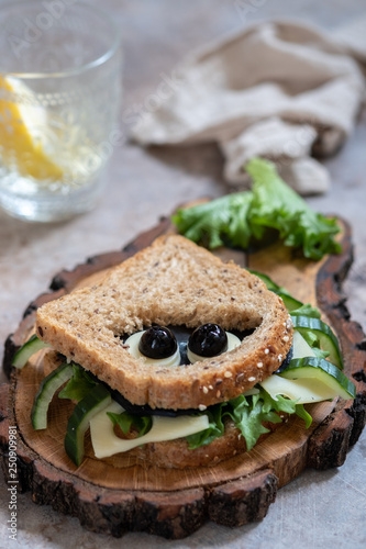Funny spider sandwich with black cheese and olives for Halloween party, scary food