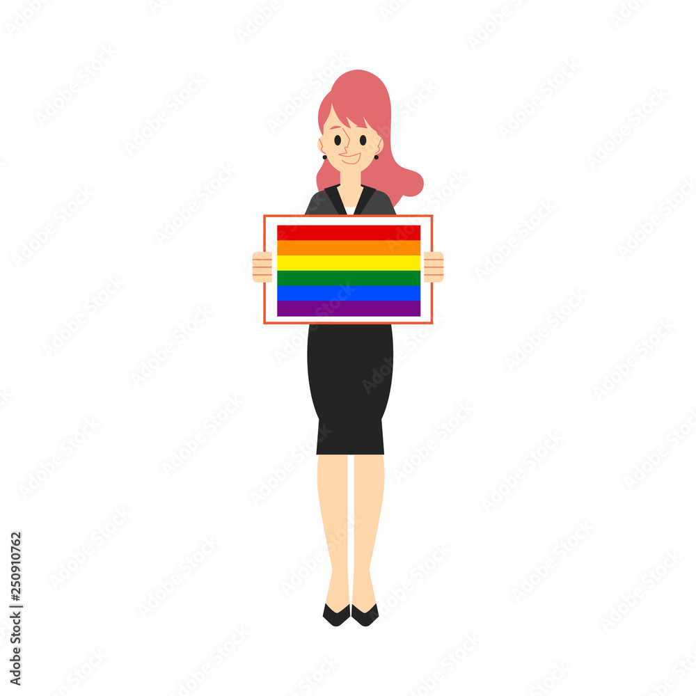 White young redhead attractive woman in a business black dress holding a poster with a rainbow. White young redhead attractive woman in a business black dress holding a poster with a rainbow.