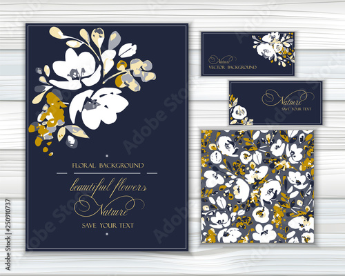 Set of vector backgrounds for greetings or invitations with abstract white flowers, shapes and spots in beige, golden colors on navy background. Greeting templates and seamless pattern with blooming.