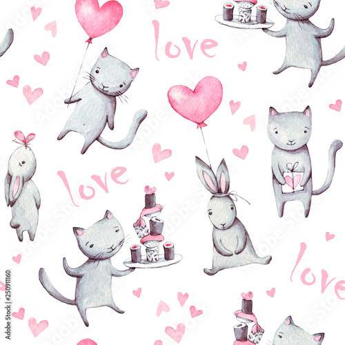 Watercolor illustrations of cats, bunny. Seamless pattern