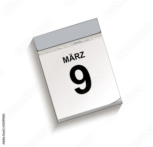 Kalender März 9, Abreißkalender mit Datum, Vektor Illustration isoliert auf weißem Hintergrund