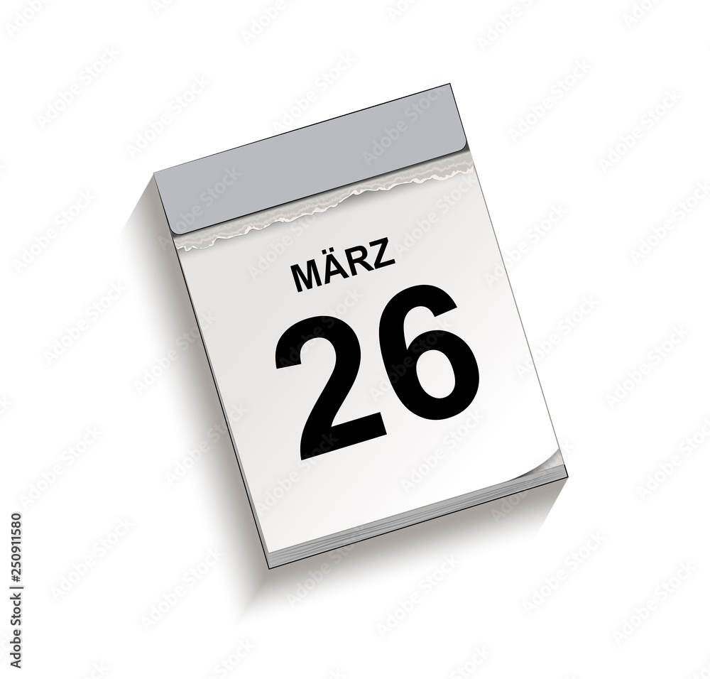 Kalender März 26, Abreißkalender mit Datum, Vektor Illustration isoliert auf weißem Hintergrund 