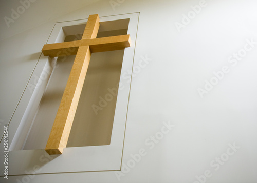Картината върху платно Wooden cross, white wall, religion, Jesus Christ, spiritual, church, worship, fa