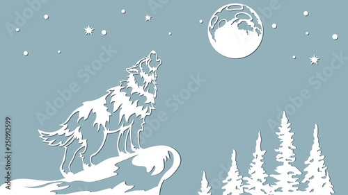The wolf howls at the moon. Vector illustration. Paper wolf sticker. Laser cut. Template for laser cutting and Plotter. Vector illustration. Sticker. Pattern for the laser cut, serigraphy, plotter and