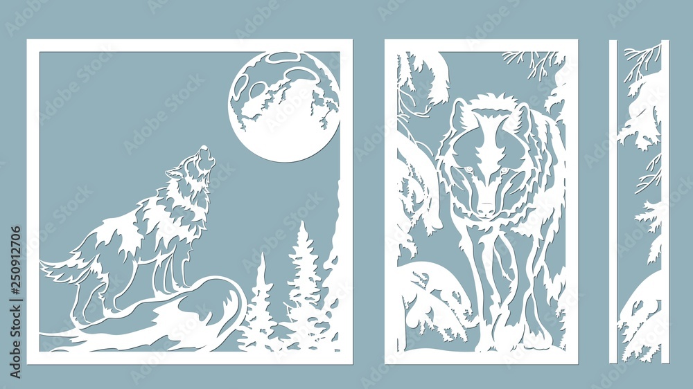 wolf howls at the moon. Vector illustration. Paper wolf sticker. Laser cut. Template for laser cutting and Plotter. Vector illustration. Sticker. Pattern for the laser cut, serigraphy, plotter and scr