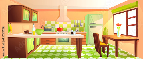 Modern kitchen interior with furniture. Design room with hood and stove and microwave and sink and refrigerator. Vector cartoon illustration