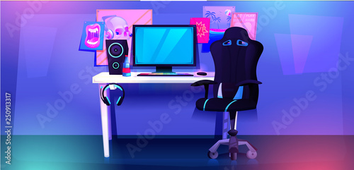 ESports interior banner. Workplace cyber sportsman gamer. A desk with a computer and headphones and a mouse with light and a gamers chair. Vector cartoon illustration