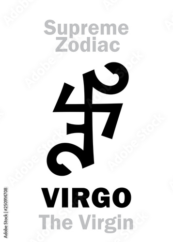 Astrology Alphabet: VIRGO (The Virgin / The Maiden), constellation Virgo. Sign of Supreme Zodiac (Internal circle). Hieroglyphic character (persian symbol).