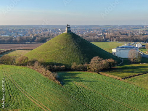 Aerial view of The Lion's Mound with farm land around. The immense Butte Du Lion on the battlefield of Waterloo where Napoleon died. Belgium. 