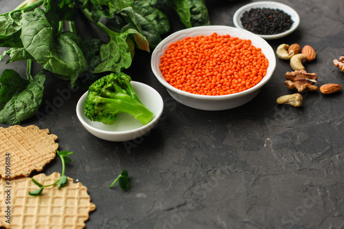 concept of healthy food (legumes, greens, spinach, lentils and other) superfood. Food background