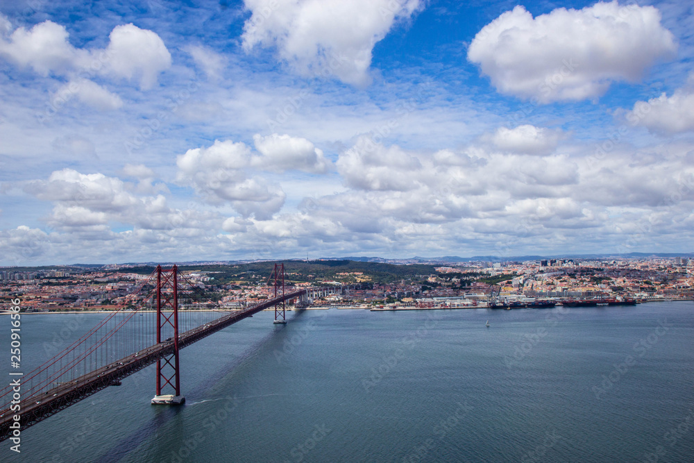Panoramic view of Ponte 25 de Abril, long bridge in Lisbon