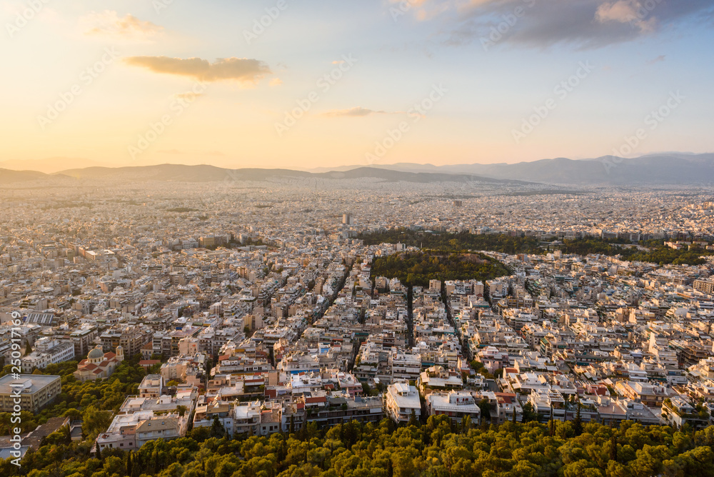 View over the Athens in sunset time from Lycabettus hill, Greece.