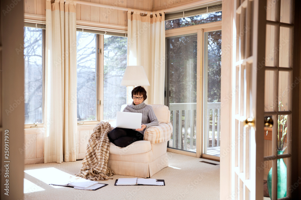 Senior woman sitting in armchair and using laptop Senior woman sitting in armchair and using laptop