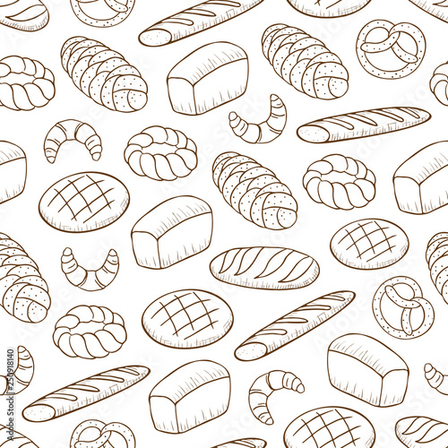 Hand drawn vector seamless pattern with different kind of bread 