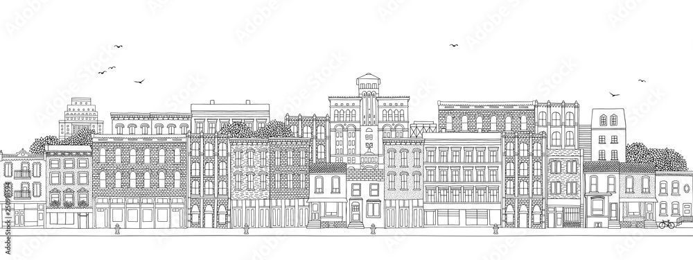 Horizontal banner with various buildings of a large town, city skyline with hand drawn houses, real estate background