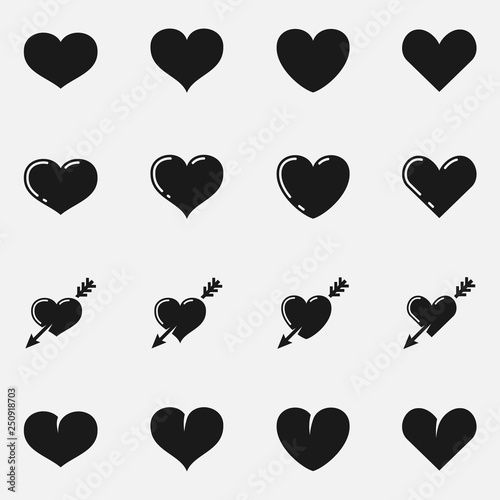 Set of heart shapes flat vector icons.