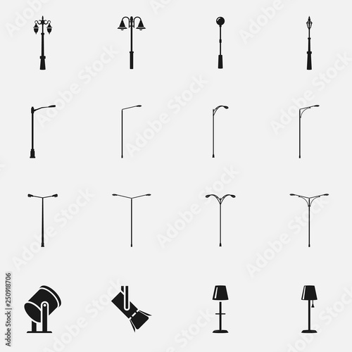 Set of street light lamps and spotlights silhouettes flat vector icon. photo