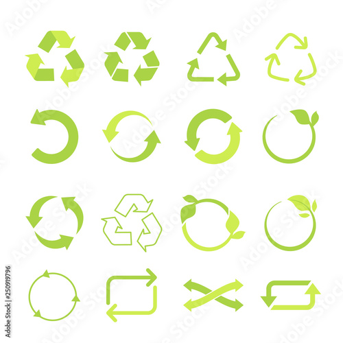 Recycled eco vector icon set, cycle and triangle arrows in a flat style.