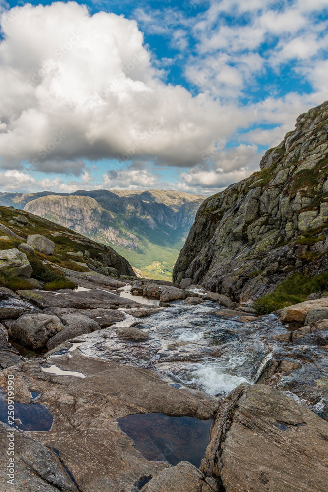 Gebirgsbach fließt in eine Schlucht in Norwegen Gebirgsbach fließt in eine Schlucht in Norwegen