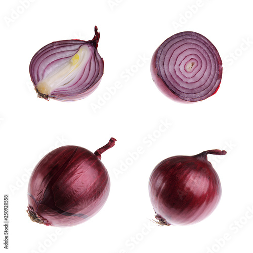 Red onion isolated on white. A set of different images. Clipping way. Clipping path.