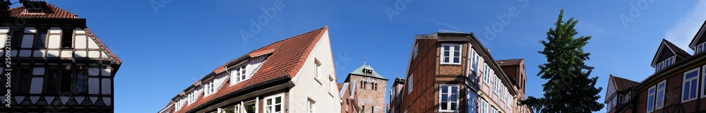 extreme wide-angle image, panoramic view in the old town of Stade, a city in the so-called Old Land, near Hamburg, Germany. View over the upper floors and roofs