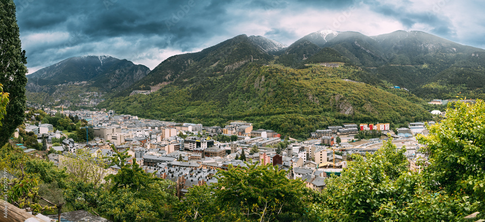 Andorra, Principality Of The Valleys Of Andorra. Top Panoramic View Of Cityscape In Summer Season. City In Pyrenees Mountains