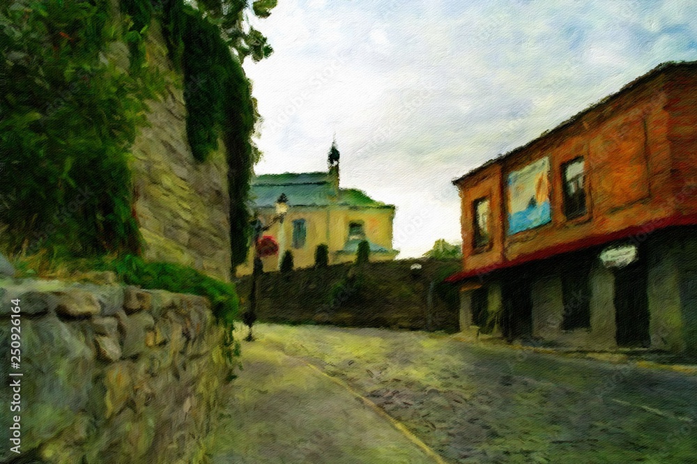 Obraz premium Oil paintings landscape, fine art, street in old town, castle on the hill
