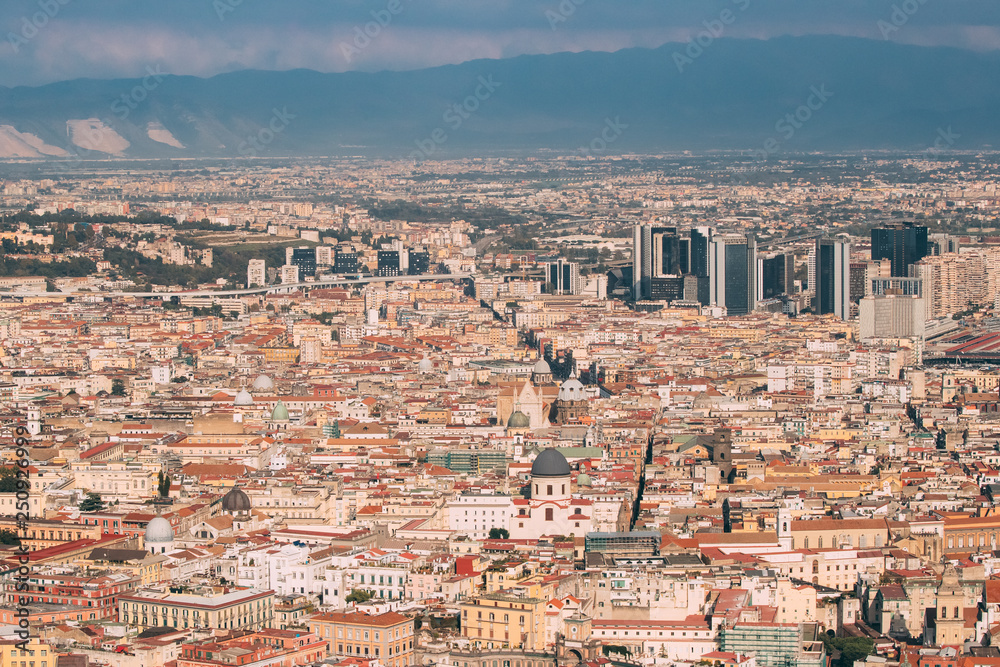 Fototapeta premium Naples, Italy. Top View Cityscape Skyline With Famous Landmarks In Sunny Day. Many Old Churches And Temples