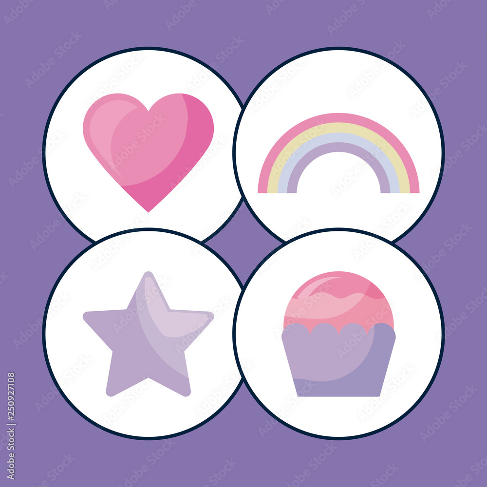set of heart with rainbow and icons