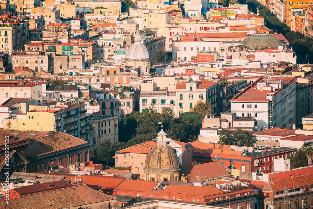 Naples, Italy. Top View Cityscape Skyline With Famous Landmarks In Sunny Day. Many Old Churches And Temples