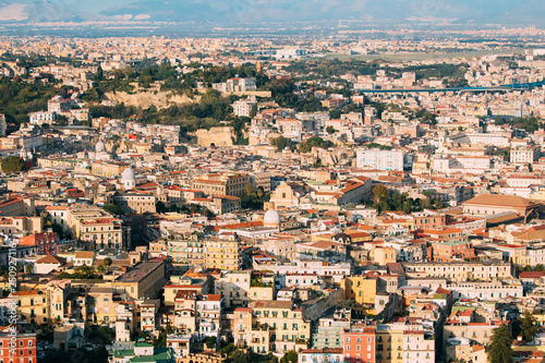 Naples, Italy. Top View Cityscape Skyline With Famous Landmarks In Sunny Day. Many Old Churches And Temples