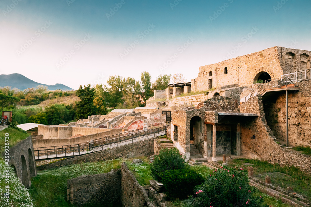 Pompeii, Italy. View From Porta Marina Showing Cliffs On City Edge And Suburban Baths