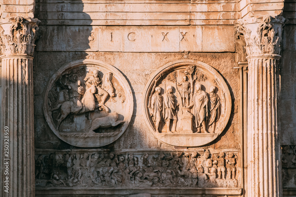 Rome, Italy. Details Of Arch Of Constantine. Bas-relief On Facade Of Triumphal Arch