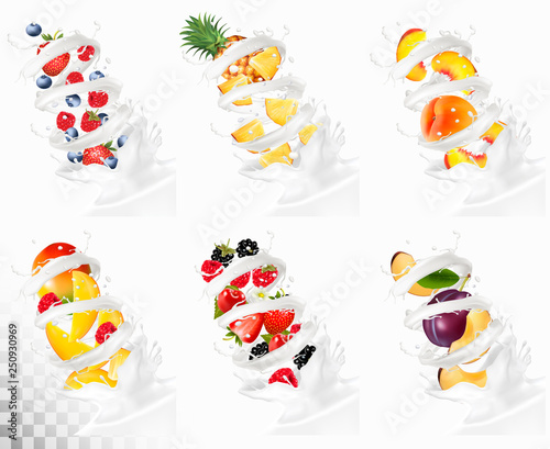 Big collection of fruit in a milk splash. Pineapple, strawberry, blueberry, raspberry, peach, plum, mango, guava. Vector Set.