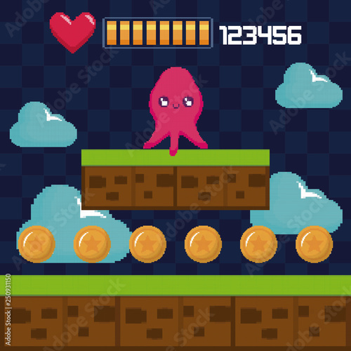 classic video game scene with octopus mutant character