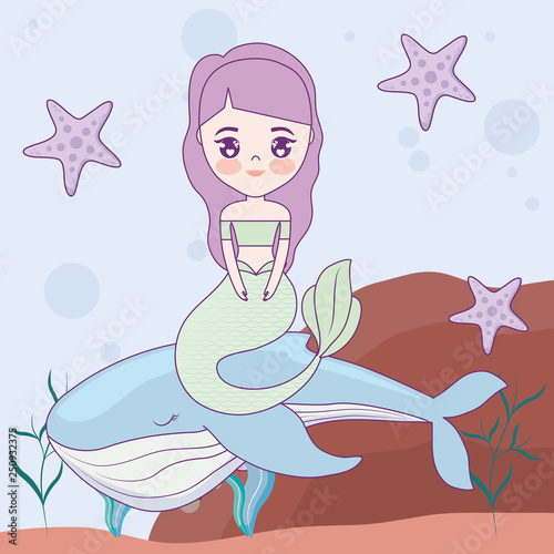 cute mermaid with whale in the sea