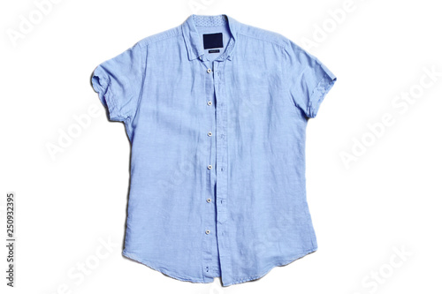 Blank blue men's short sleeve summer shirt, front, isolated on white background, creased wrinkle striped. Regular fit. © raisondtre