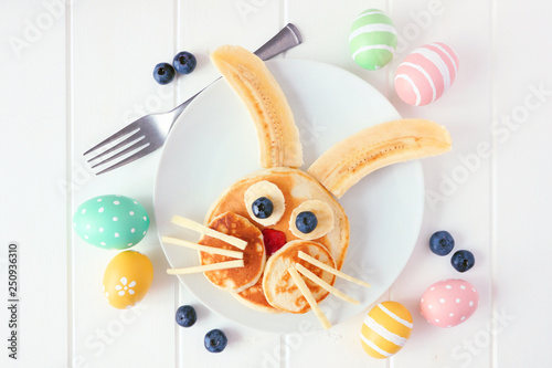Photography Cute Easter Bunny pancakes on a white plate