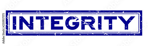 Grunge blue integrity word square rubber seal stamp on white background