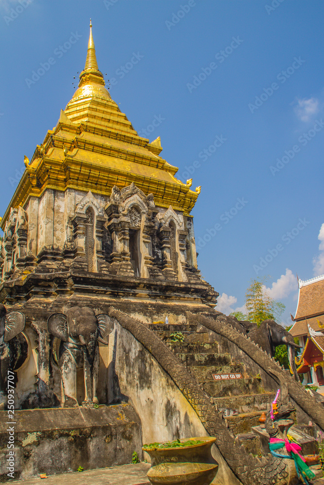 Fototapeta premium Old elephant chedi with golden top pagoda at Wat Chiang Man or Wat Chiang Mun, the oldest temple in Chiang Mai, Thailand, built in 1296 by King Mengrai in Lanna-style with elephant-shaped buttresses.
