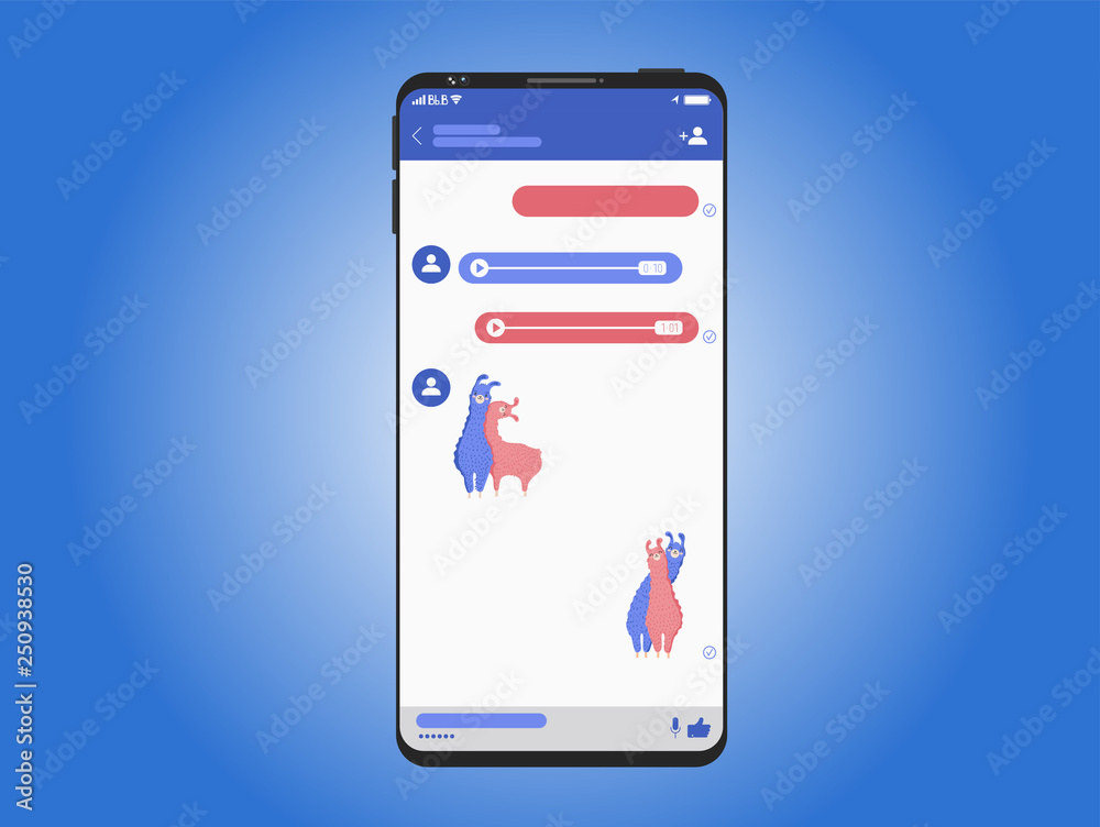 New Mock up of application messenger, correspondence, voicemail, voice message, stickers app, chat on Smartphone, mobile realistic style.Vector illustration.Blue background.Flat design.EPS 10 New Mock up of application messenger, correspondence, voicemail, voice message, stickers app, chat on Smartphone, mobile realistic style.Vector illustration.Blue background.Flat design.EPS 10