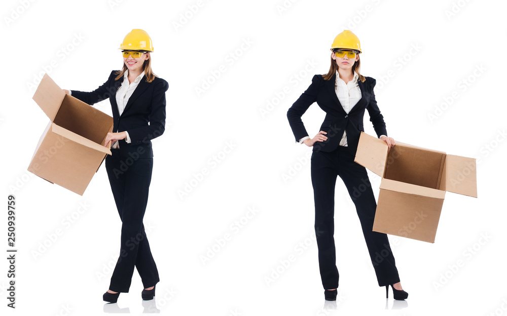 Woman builder with box isolated on white Woman builder with box isolated on white