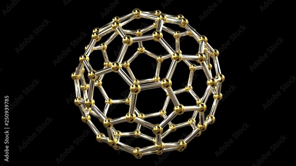3D rendering of a seamlessly loopable animation of an abstract spherical structure formed by hexagons, rotating around its vertical axis. On black background, followed by alpha channel.