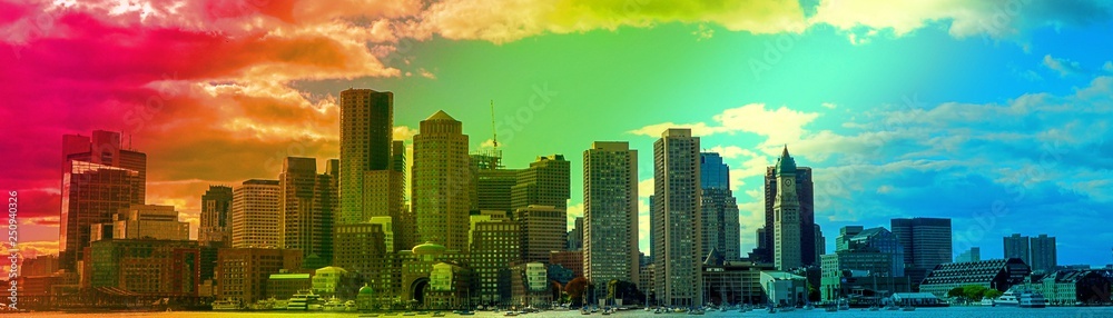 Obraz premium View of Boston from the water, with bright color light rays