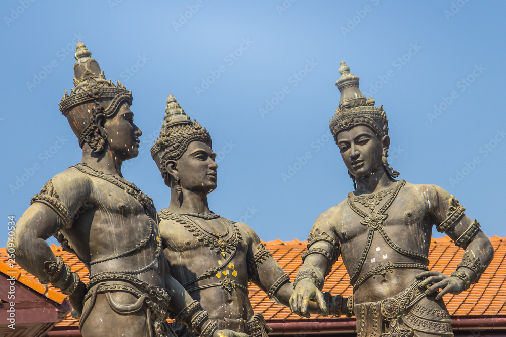 Three Kings Monument, the statues of King Mengrai, the founder of Chiang Mai and his two friends, King Ramkamhaeng of Sukothai and King Ngam Muang of Payao. The sculpture is a symbol of Chiang Mai. Three Kings Monument, the statues of King Mengrai, the founder of Chiang Mai and his two friends, King Ramkamhaeng of Sukothai and King Ngam Muang of Payao. The sculpture is a symbol of Chiang Mai.
