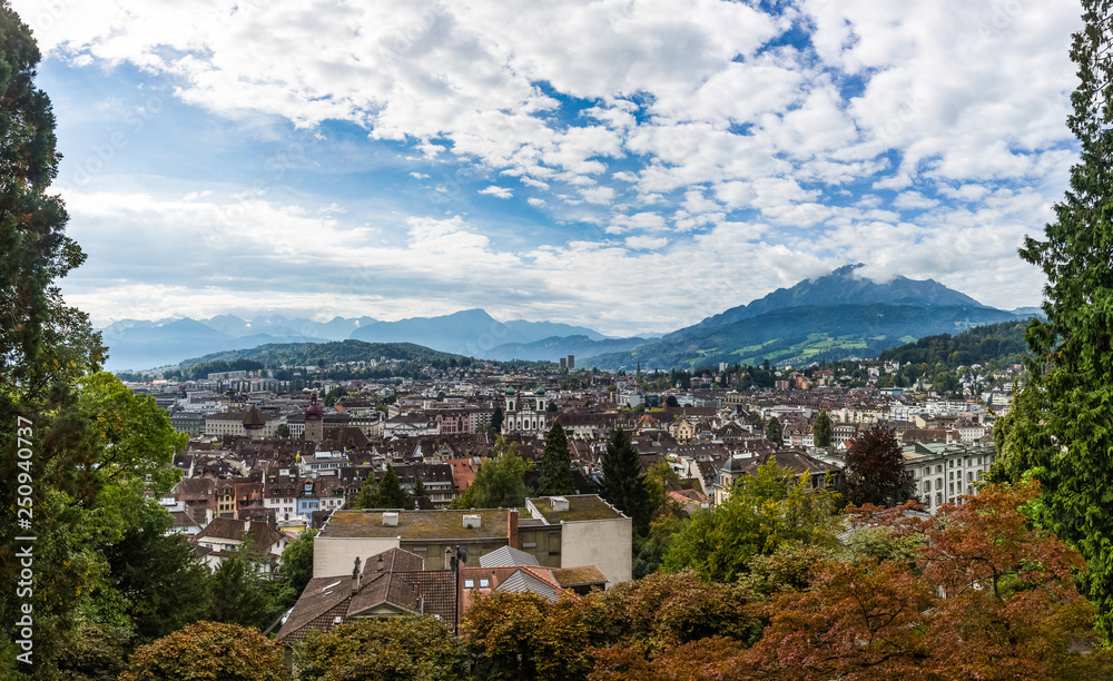 Panoramic view from the mountain on Lucerne and Lake Lucerne, Switzerland