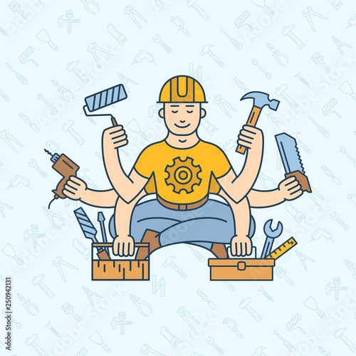 Repairman master with six hands icon logo vector illustration